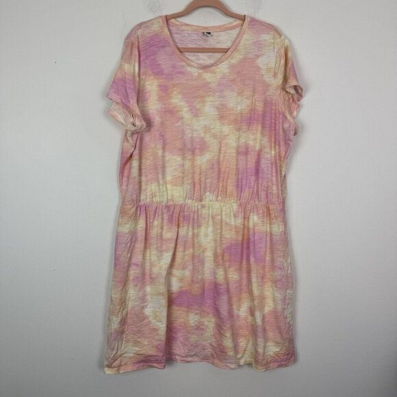 Old Navy Pink Yellow Tye Dye Short Sleeve Tshirt Dress Size Xxl Knee Length - Picture 1 of 4